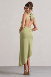 Light Olive Satin Cowl-Neck Asymmetric Midi Dress